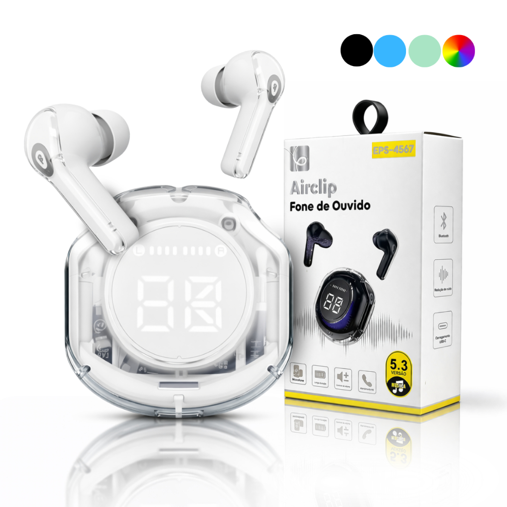 Fone de Ouvido Sem Fio TZ7 Transparente | Estojo com Display Digital LED, Bluetooth e TWS