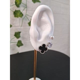 Conjunto trio de brincos aço inoxidável/trevo/pérola/brilhante