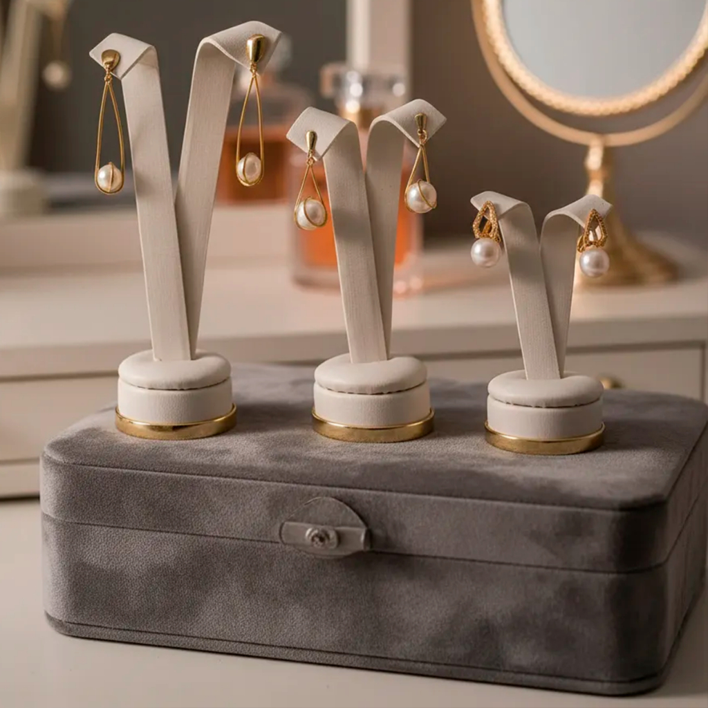 Kit Expositor Brincos Coqueiro P M G Offwhite Luxo Dourado Joias Bijuteria Porta Brinco Corino Couro