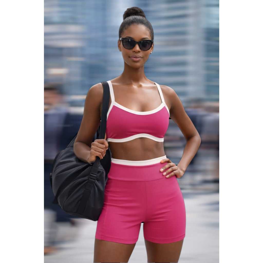 Conjunto Fitness Poliamida Premium Top Biquini e Shorts com Bolso Cós Alto Sem Transparência