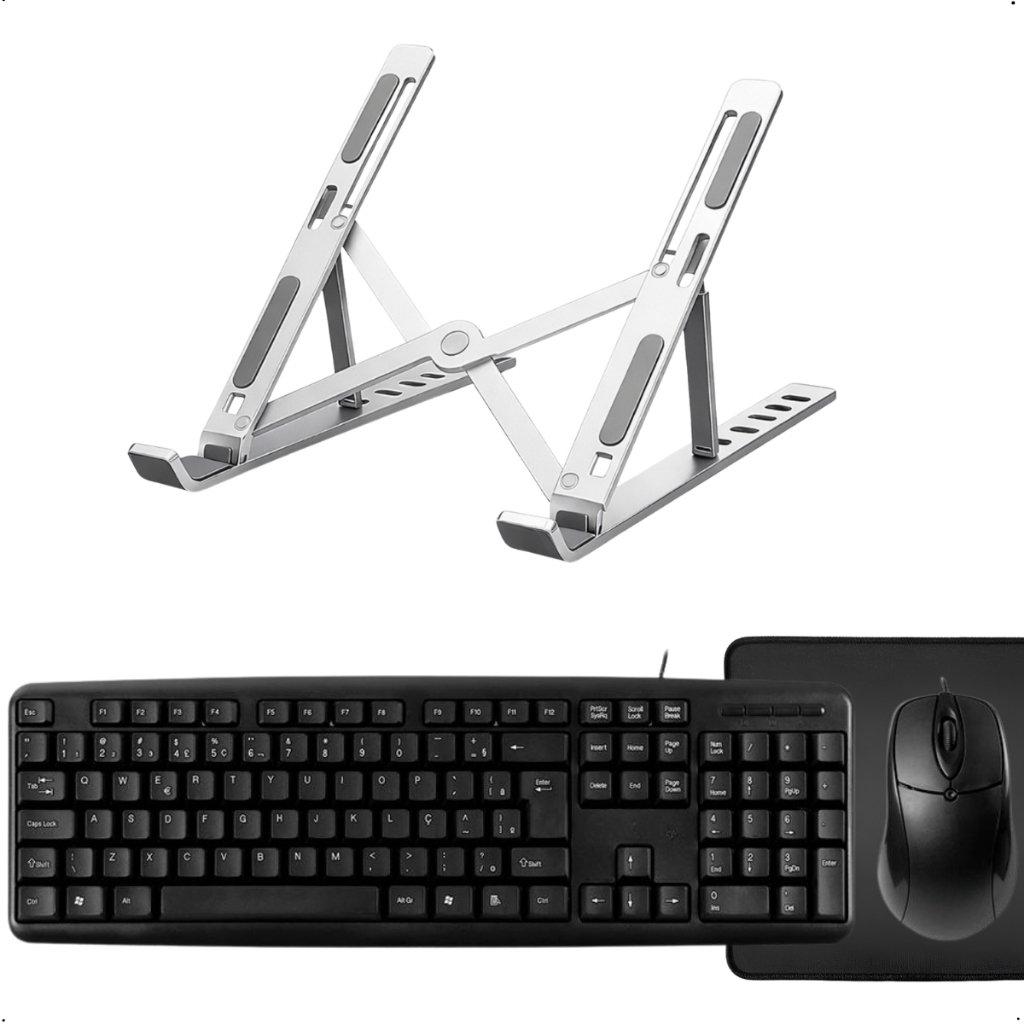 Kit Trabalho em casa Teclado E Mouse Suporte Para Notebook Home Office Preto