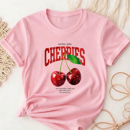 Camiseta Feminina Cereja Estampada 100% Algodão Premium  Confortável Estilo Gringa Moda Tendência