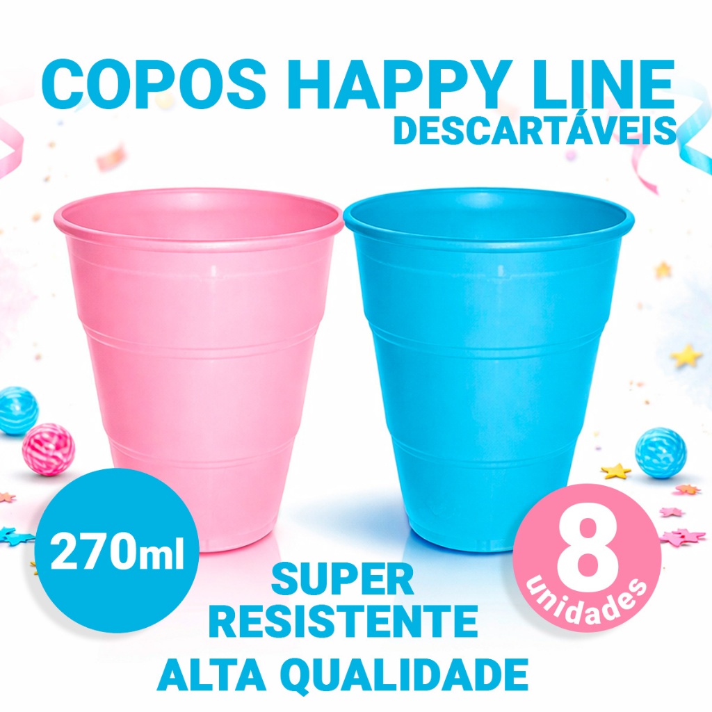 Copo Descartável Plástico Liso Colorido 270ml Com 8 Unidades Happy Line Silver Festas