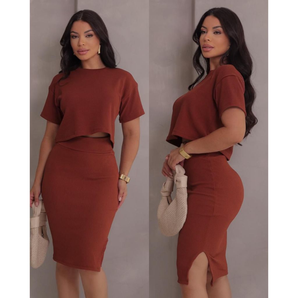 Conjunto Feminino Casual Saia Midi e Cropped Manga Curta P M G