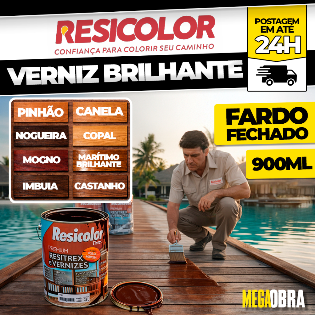 Kit 06 Verniz Proteção para Madeira Brilhante Resicolor Tingidor Resitrex Galão 900ml