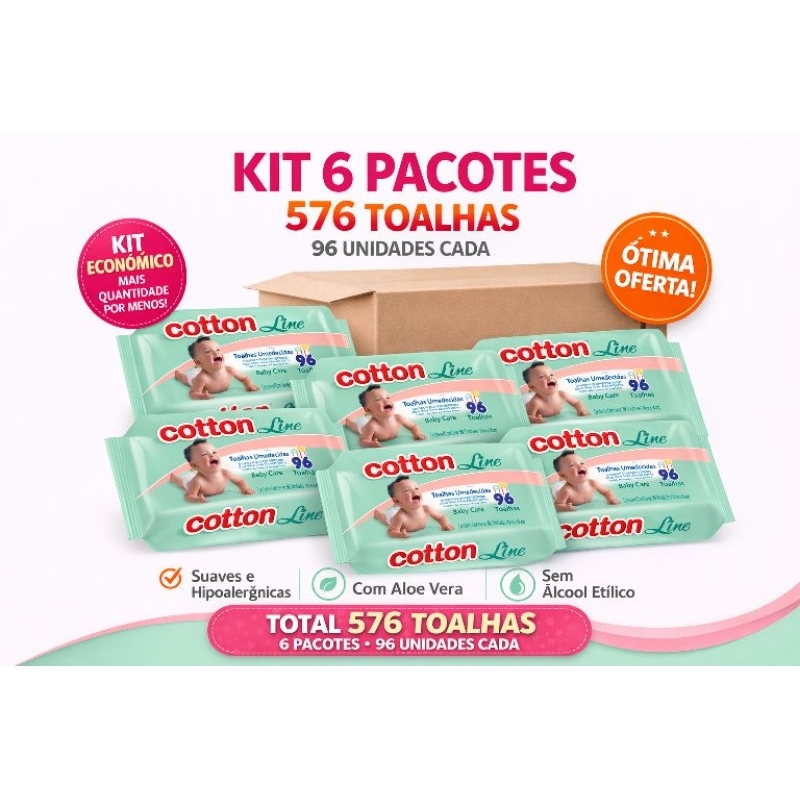Kit 6 Toalhas Umedecidas Cotton Line 96 Unidades Cada 576 Lenços Baby Care Aloe Vera Sem Álcool