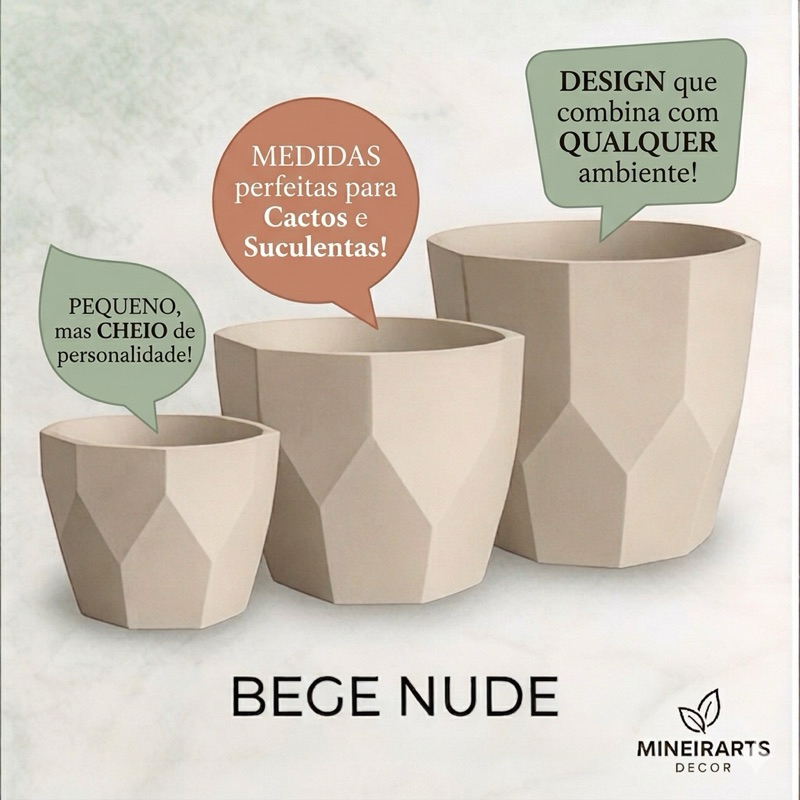Kit Jogo 3 Vasos para Plantas Decorativo Cachepô Liso Injetado Centro Mesa Suculentas Cactos -Decoração Moderna