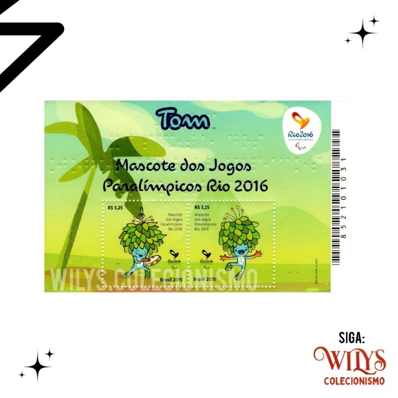 Bloco com 2 selos - Mascote dos Jogos Paralímpicos Rio 2016 - Tom - 2015