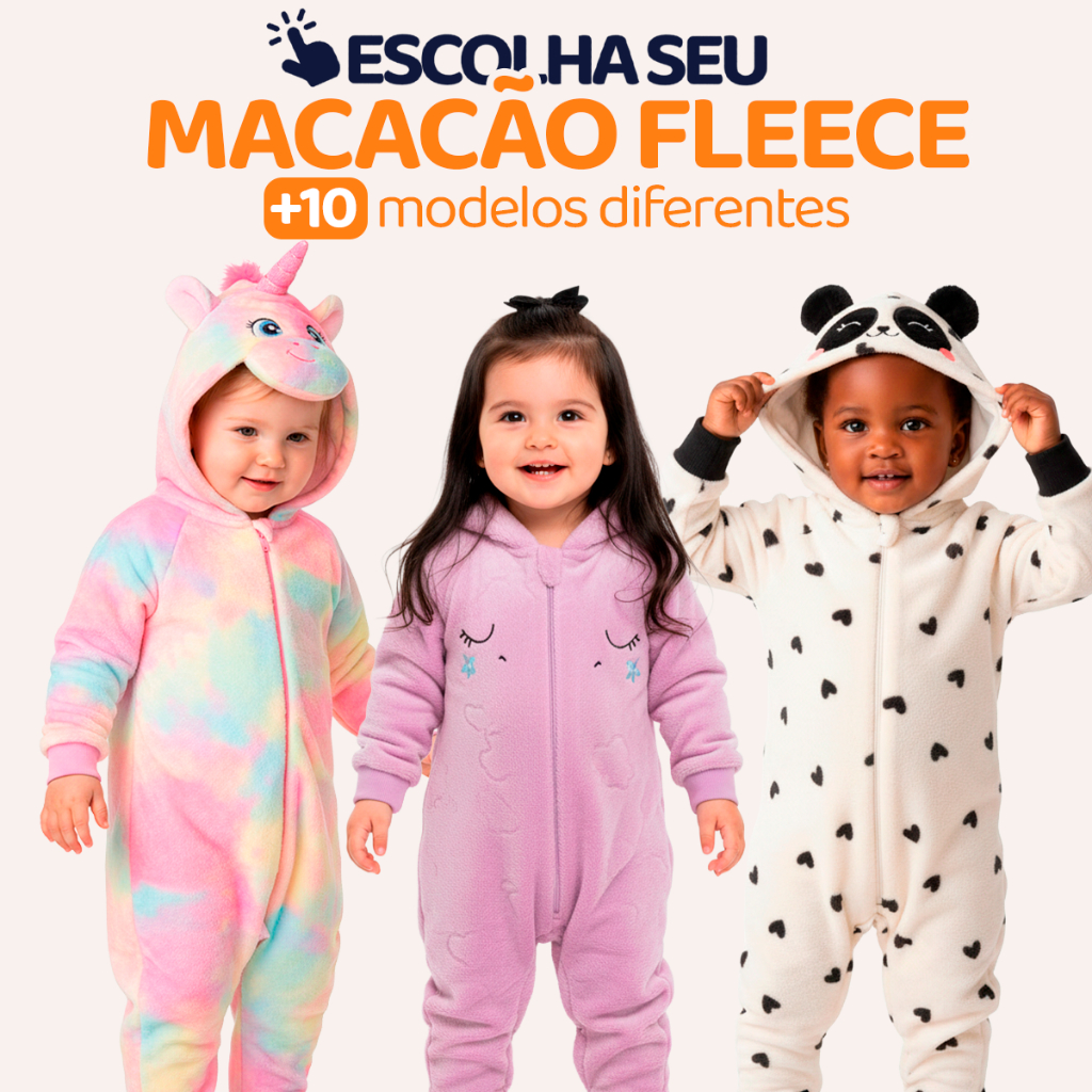 Pijama Macacão Bebê Menina em Fleece Temático Unicórnio ,Dinossauro, Panda, Urso – Super Quentinho e Confortável! L11
