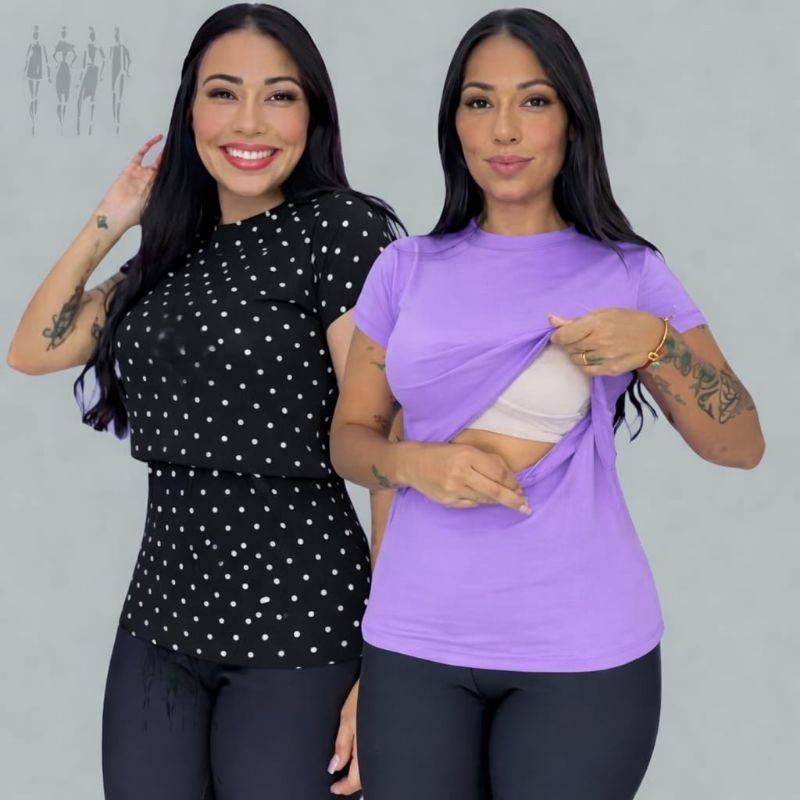 Blusa Feminina  Amamentação Manga Curta Camisa Feminina Gola Média Abertura discreta