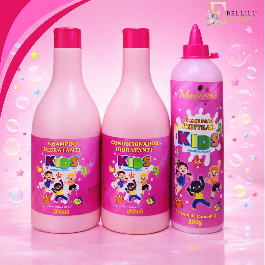 Kit Kids Hidratante Feminino (Shampoo 500ml + Condicionador 500ml + Creme de Pentear 300ml ) Maycrene