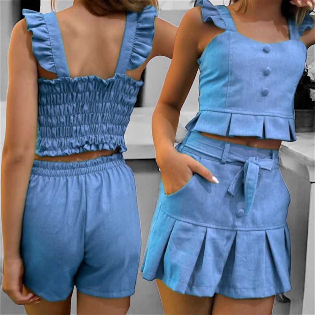 Conjunto Infantil Feminino Linho Short Saia + Cropped com Alça Roupa de Verão Menina Look Infantil