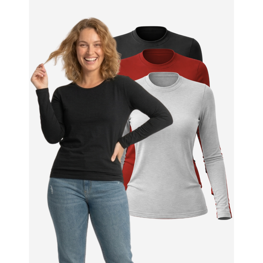 Kit 3 Blusa Camiseta Feminina Manga Longa Basica 100% Algodão Lisa Fafenix Tshirt Blusinha...