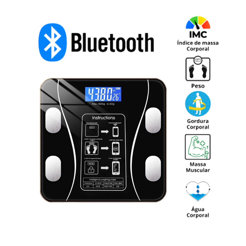 Balança Digital Corporal Bioimpedância 180KG Com Pilhas Display Lcd Bluetooth Aplicativo Fitness Treino Balança Banheiro