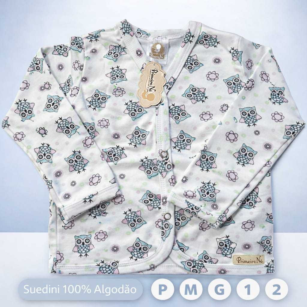 Casaquinho Bebê Suedine 100% Algodão Estampado Corujinha – Conforto e Maciez (P ao 2)