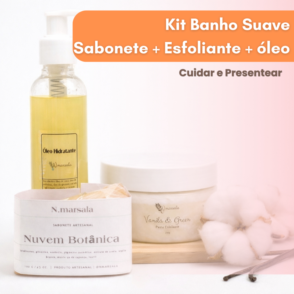 Kit Banho e Spa em Casa Esfoliante + Óleo Hidratante + Sabonete de Argila Branca Dolomita Vanilla e Flor de Algodão