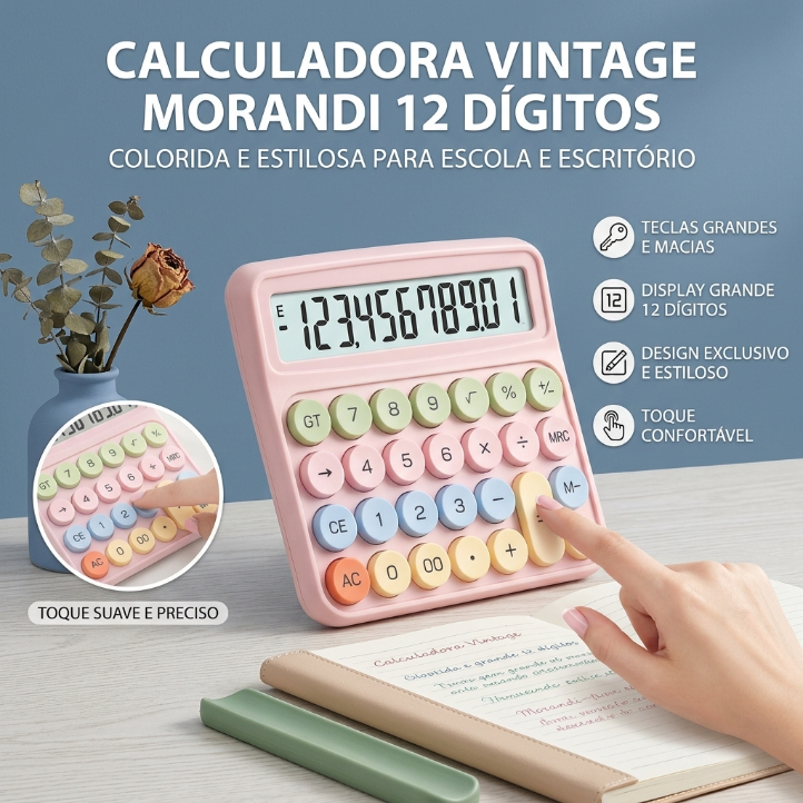 Calculadora 12 Dígitos Vintage Morandi com Teclas Mecânicas Coloridas – Display Grande HD + Cálculo Rápido 100% Preciso