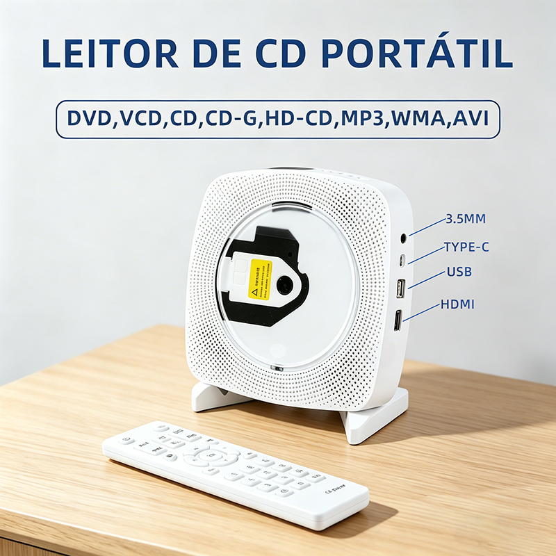 Leitor de CD/DVD Hi-Fi Rádio para TV CD Player Bluetooth Portátil FM Rádio com USB/HDMI/AV Controle Remoto