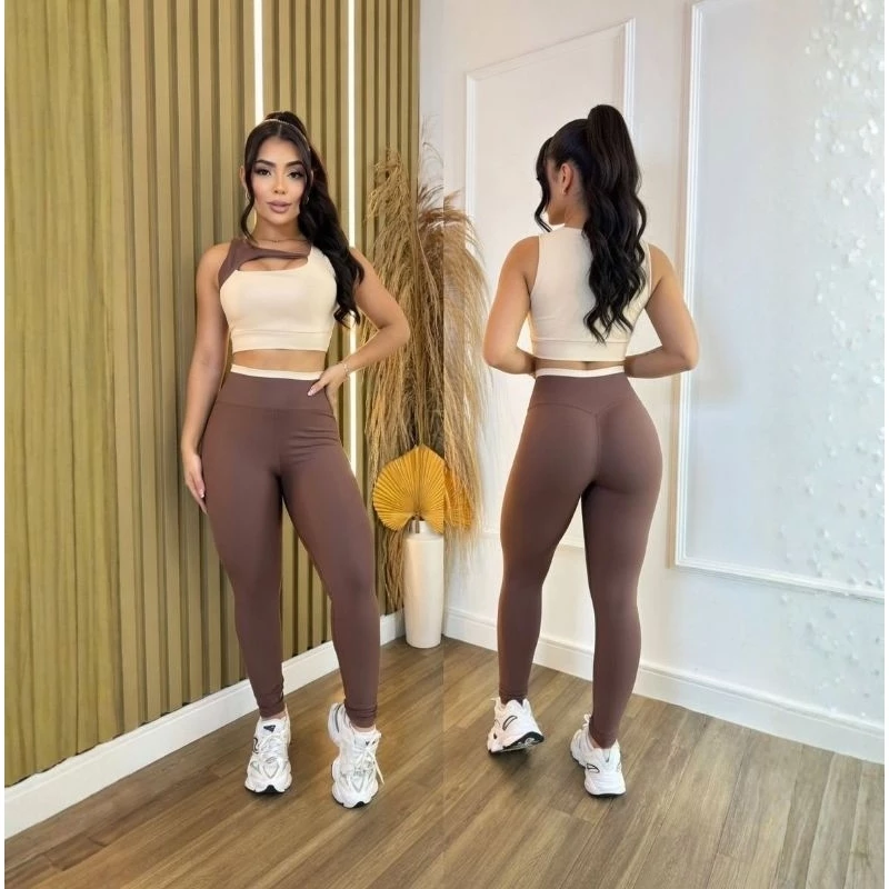Conjunto Fitness BICOLOR GLOW | Top Recorte Frontal com Bojo Removível + Calça Legging Cós Alto Zero Transparência — imagem 1