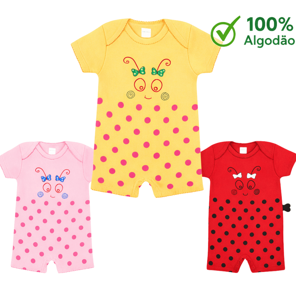Macacão Bebê Menina Curto em Suedine 100% Algodão – Estampado Tulipas com Babados e Bordados - Miniatura 2