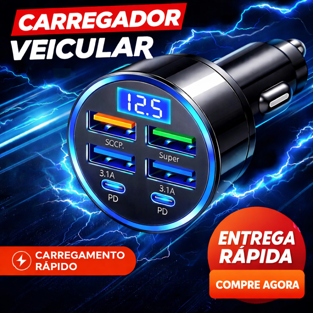 Adaptador de carro Carregador celular rapido 6 Portas 2 USB-C 4 USB-A Smartphone Tablet 12v preto