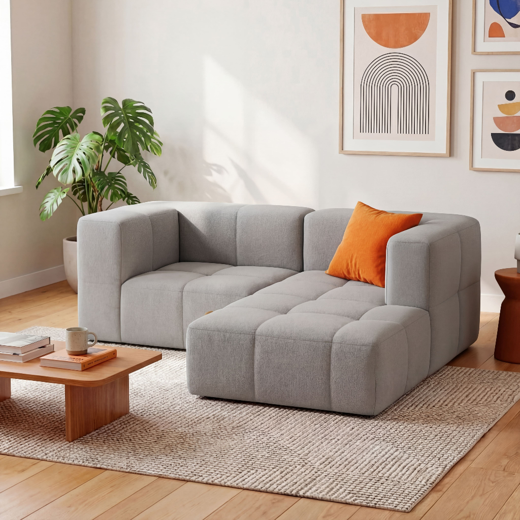 Sofá 2 lugares na Caixa modular em Boucle com 2 Braços e 1 Chaise