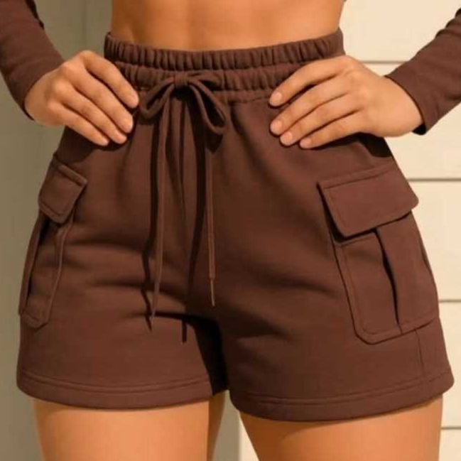 Short Cargo Feminino Moletinho Premium Cintura Alta Luxo Confortável Algodão Casual Verão