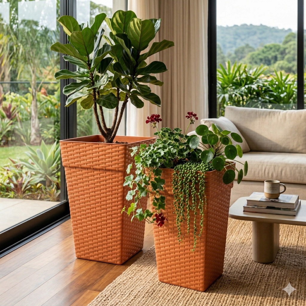 Kit 2 Vasos 17 Litros Coluna Rattan Reforçado Para Plantas e Flores Decoração Para Casa em Oferta na Shopee