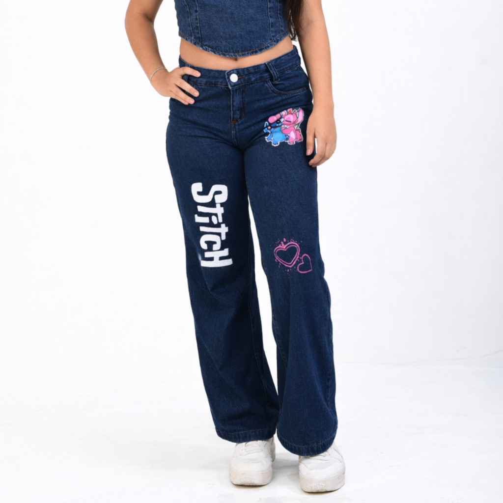 Calça jeans wide leg pantalona juvenil feminina infantil com desenho