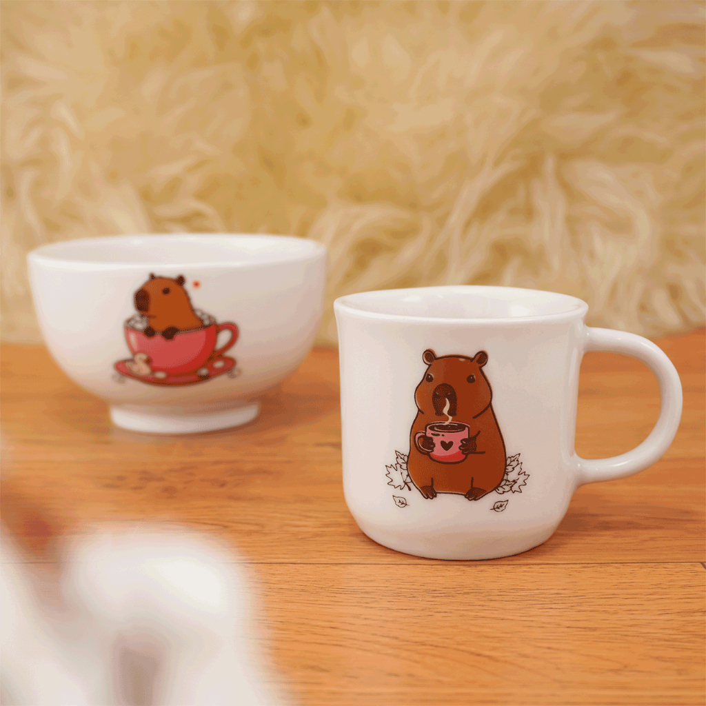 Kit Cumbuca Bowl Tigela  Porcelana 450ml + 1 Caneca Ágata de 200ml Capivara variações