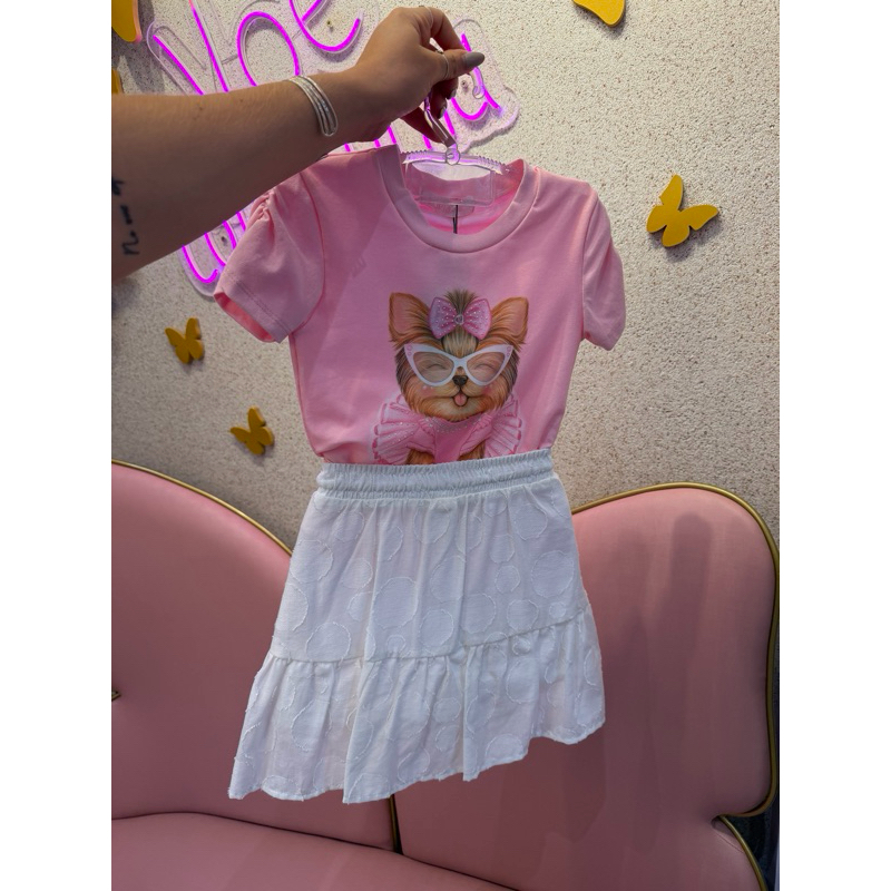 Conjunto infantil feminino estiloso de saia e blusa estampada com brilho Kukiê menina