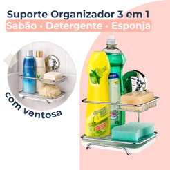 Organizador De Pia Cozinha Lavanderia Porta Esponja Detergente Sem Furo Ventosa