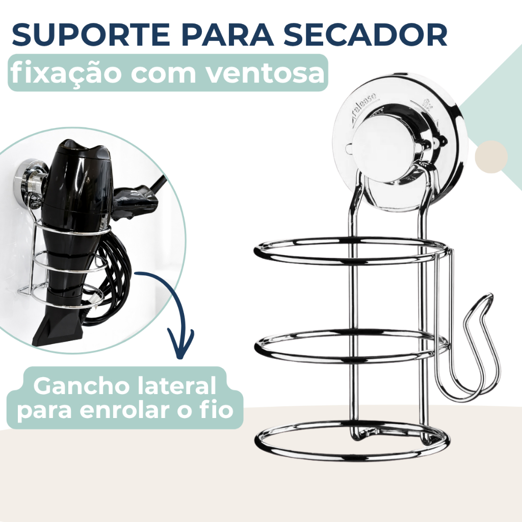 Suporte Para Secador De Cabelo Fixação Ventosa Porta Secador Sem Furo Chapinha Organizador De Cabo