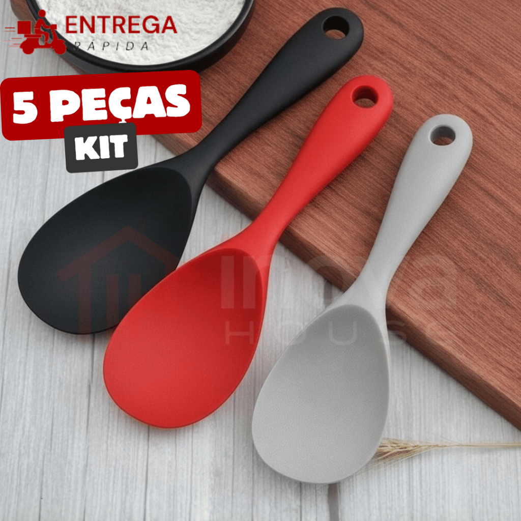Colher de Arroz de Silicone 21,5cm Cabo Curto Ergonômico Antirriscos BPA Free Escolha seu Kit