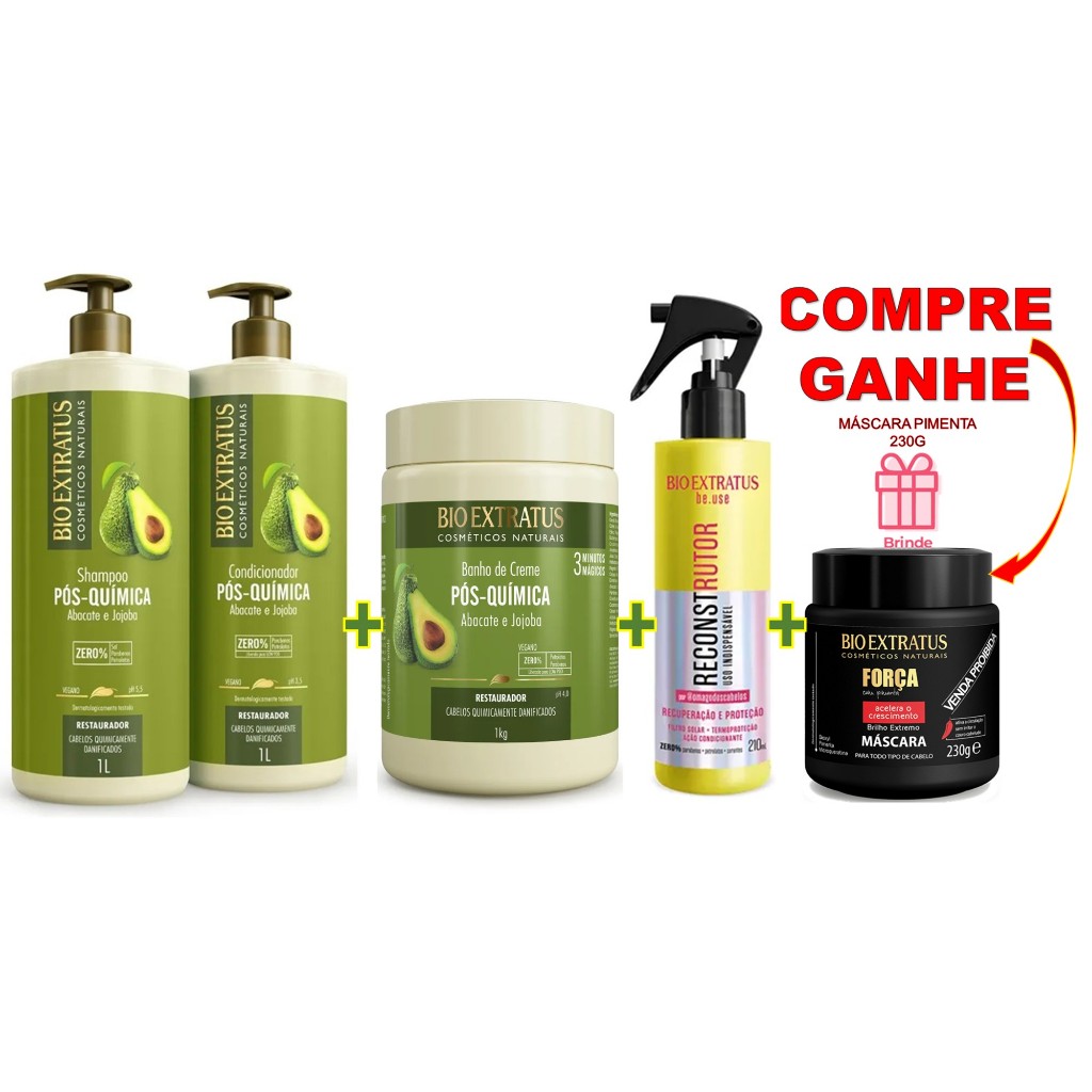 KIT PÓS QUÍMICA BIO EXTRATUS: 1 SH 1L+1 COND 1L+1 BANHO 1KG+ RECONSTRUTOR BE.USE 210ML – 🎁BRINDE 1 MASCARA PIMENTA 230G
