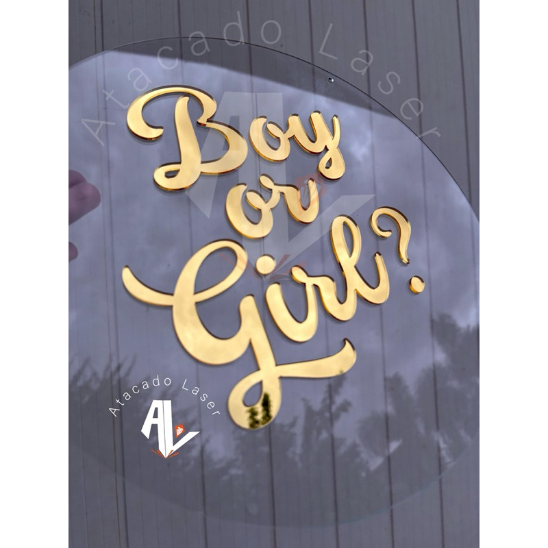 Placa de acrilico para decoracao de festa - Acrílico cristal + Acrílico espelhado Boy or Girl ?