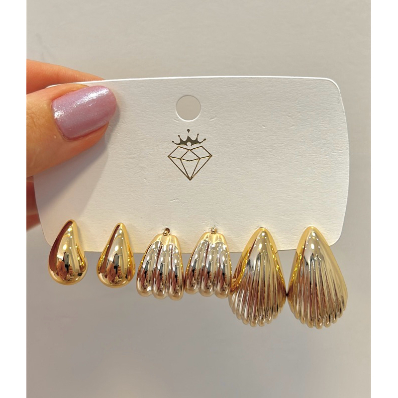 Kit 3 Pares Brincos Gota Dourados Femininos Texturizados + Gota Lisa Pequena | Elegante e Versátil
