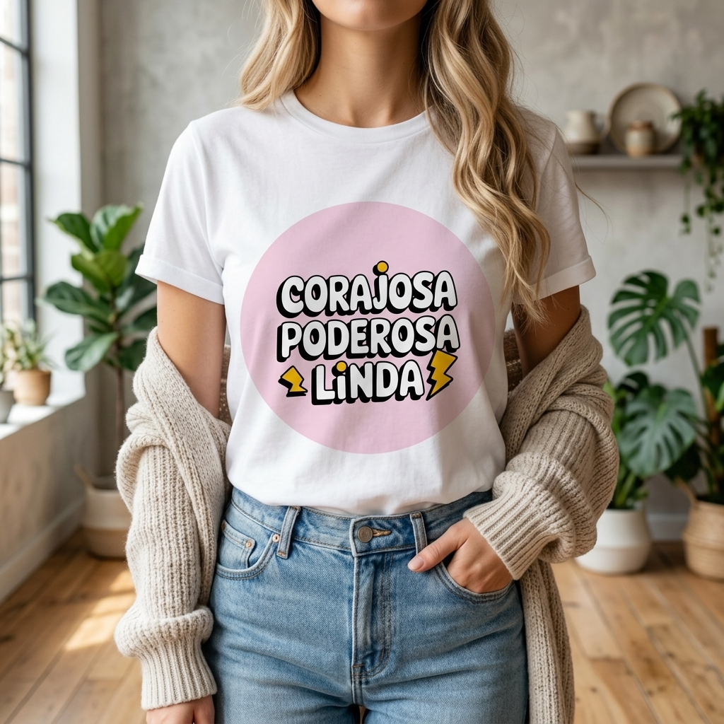 Camiseta Feminina Corajosa Poderosa Linda Estampada 100% Algodão Casual