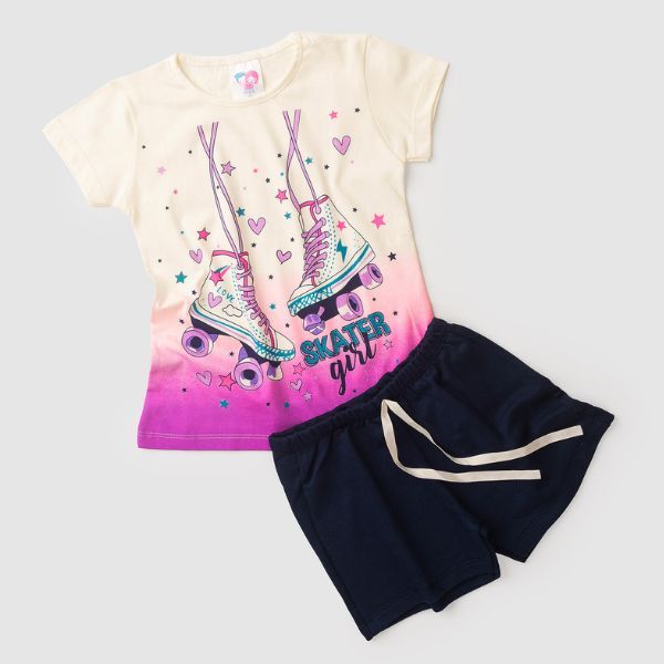 Conjunto Infantil Roupa Menina Verão Blusa Patins Algodão Meia Malha + Shorts Moletinho Confortável