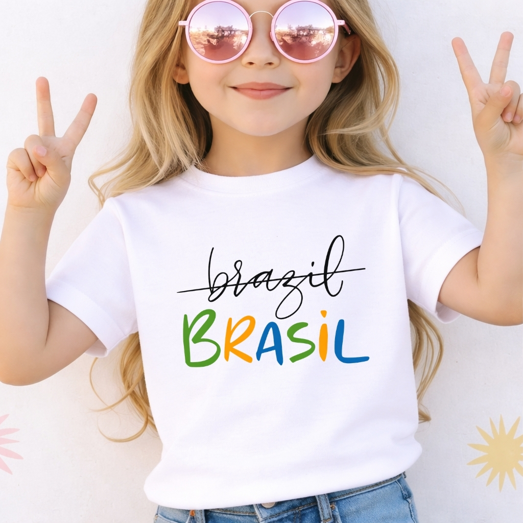 Camiseta do Brasil com S Lançamento Tendência Copa Blusa Menina em Algodão Premium Juvenil e Adulto