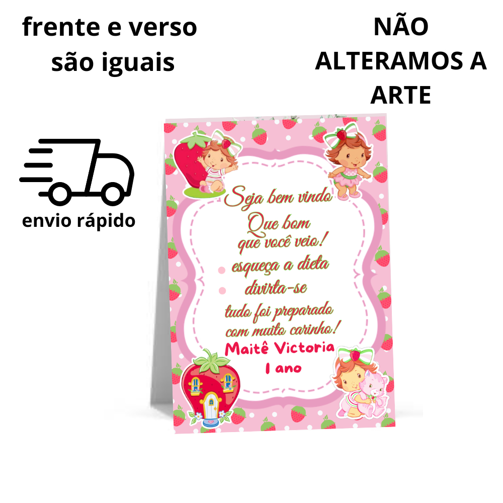 plaquinha de mesa MORANGUINHO BABY PLAQUINHA AGRADECIMENTO FESTA ANIVERSÁRIO PERSONALIZADA TEMAS LEMBRANCINHA