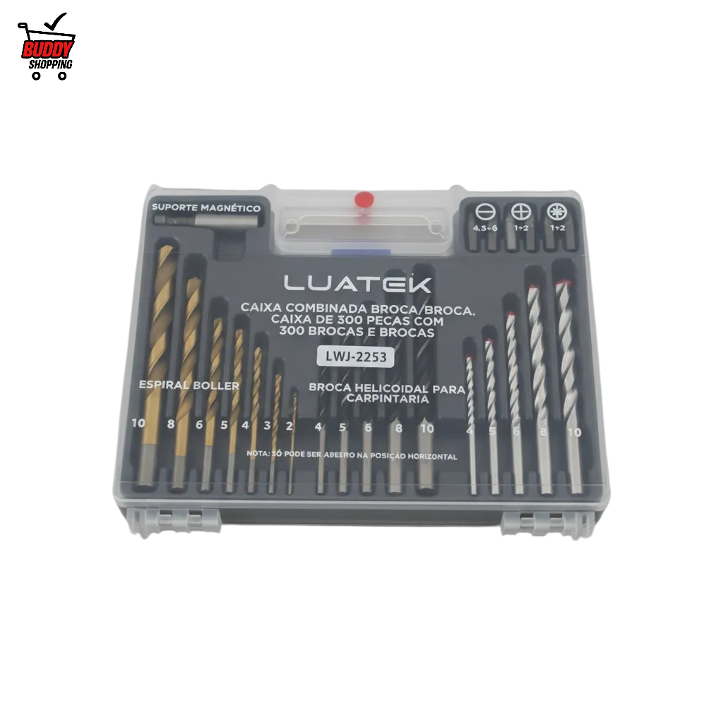Kit 300 Peças Brocas Madeira Metal Concreto + Buchas 5/6/8/10mm + Bits Fenda Phillips Torx com Maleta
