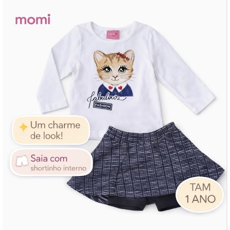 Conjunto Infantil Momi 1 Ano Gatinha Fashion Saia Encorpada Elegante