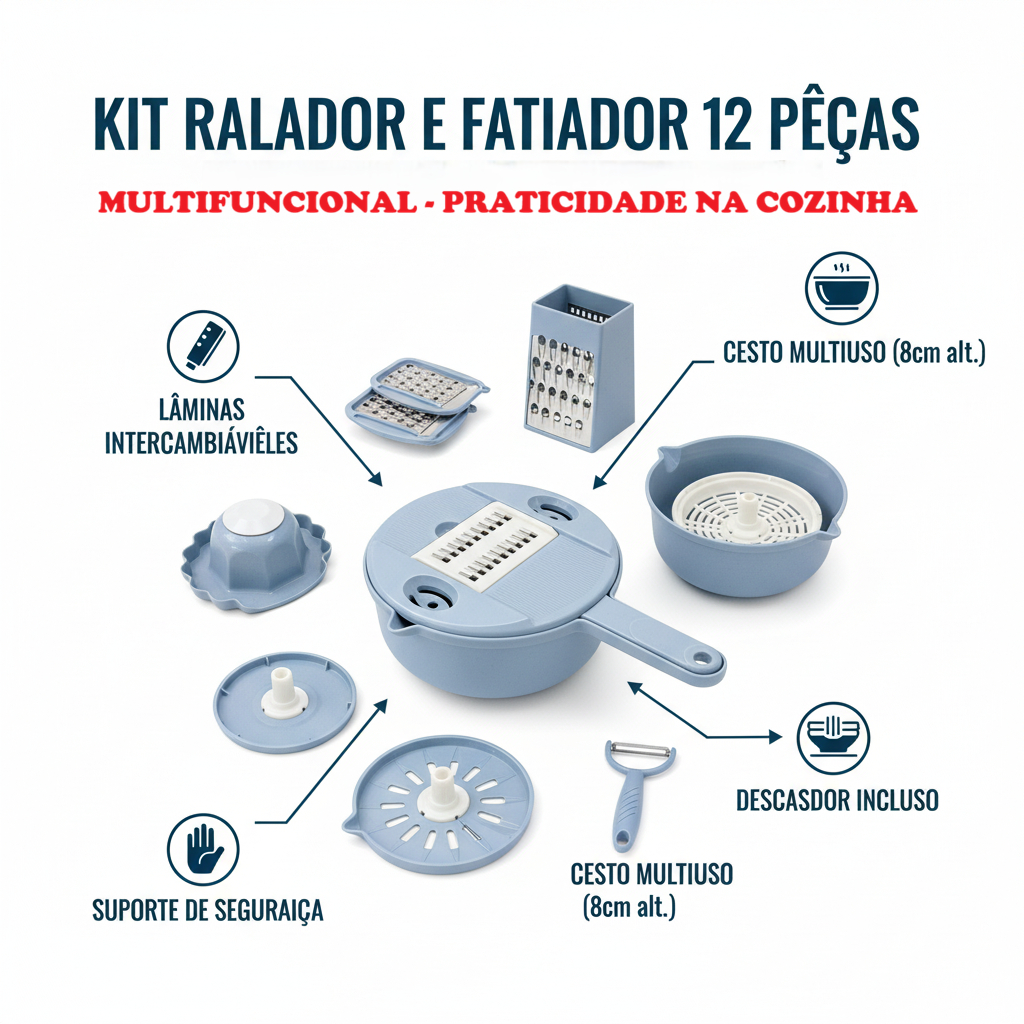 Ralador Fatiador Vegetais 12 Peças Multifuncional Cozinha Prática achadinhos shopee Promoção