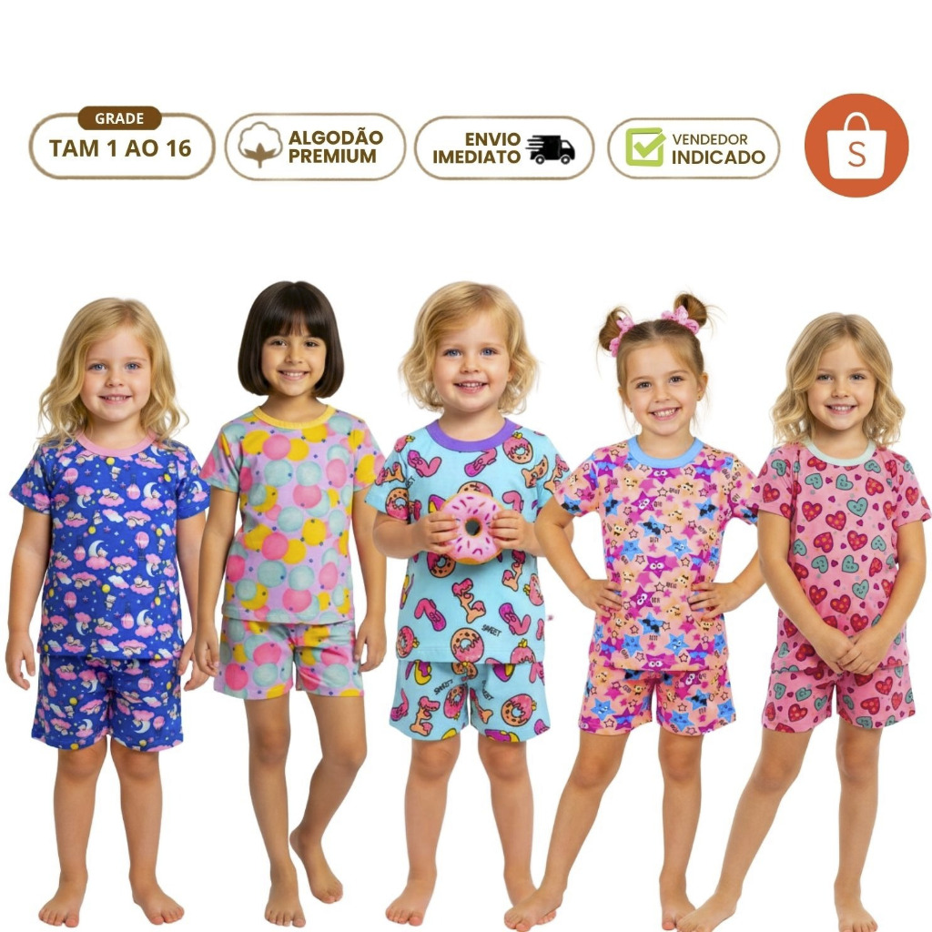 Kit 6 Peças Pijama Infantil Menina Verão 3 Camiseta 3 Bermuda Roupa de Criança Calor Algodão 1 a 16