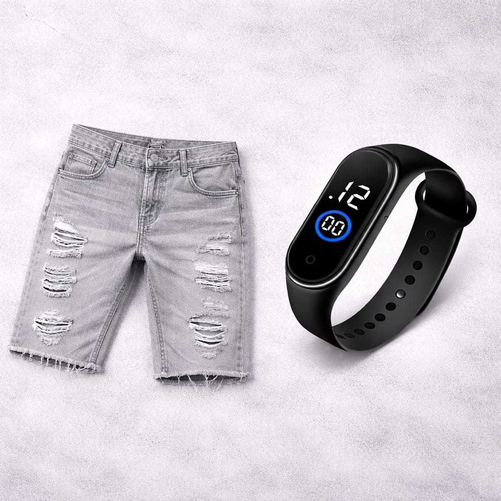 Bermuda Jeans Masculina Rasgada Jogador Shorts Rasgado + Relógio A Prova D'água