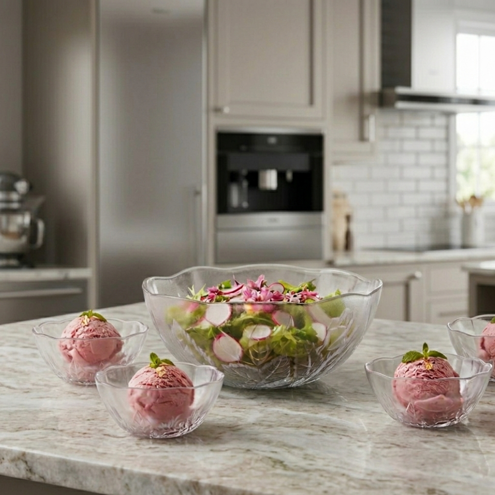 Conjunto de 7 Bowl Rosa em Vidro Transparente 6 Bowls 250ml + Tigela Grande 1,5L Sobremesa e Petisco