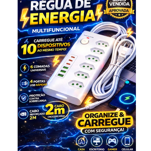 Filtro De Linha 2m 6 Tomadas + 3 USB + 3 Tipo C Régua Extensão Tomada Bivolt Universal B-Max Turbo Profissional Reforçad