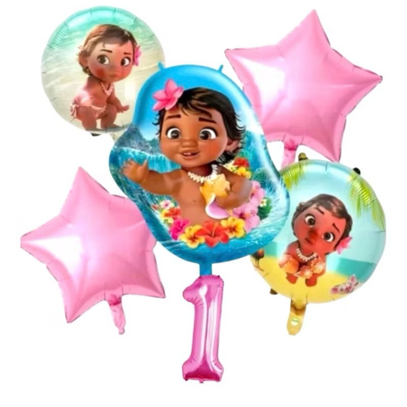 Kit c/4/5/6 balões Moana baby corpo mede 49 cm/redondo/estrela mede 45 cm/núero mede 40 cm/Decoração