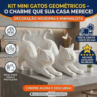 Kit 2 Gatos Geométrico Espreguiçando Minimalista Design Único Decoração Low Poly
